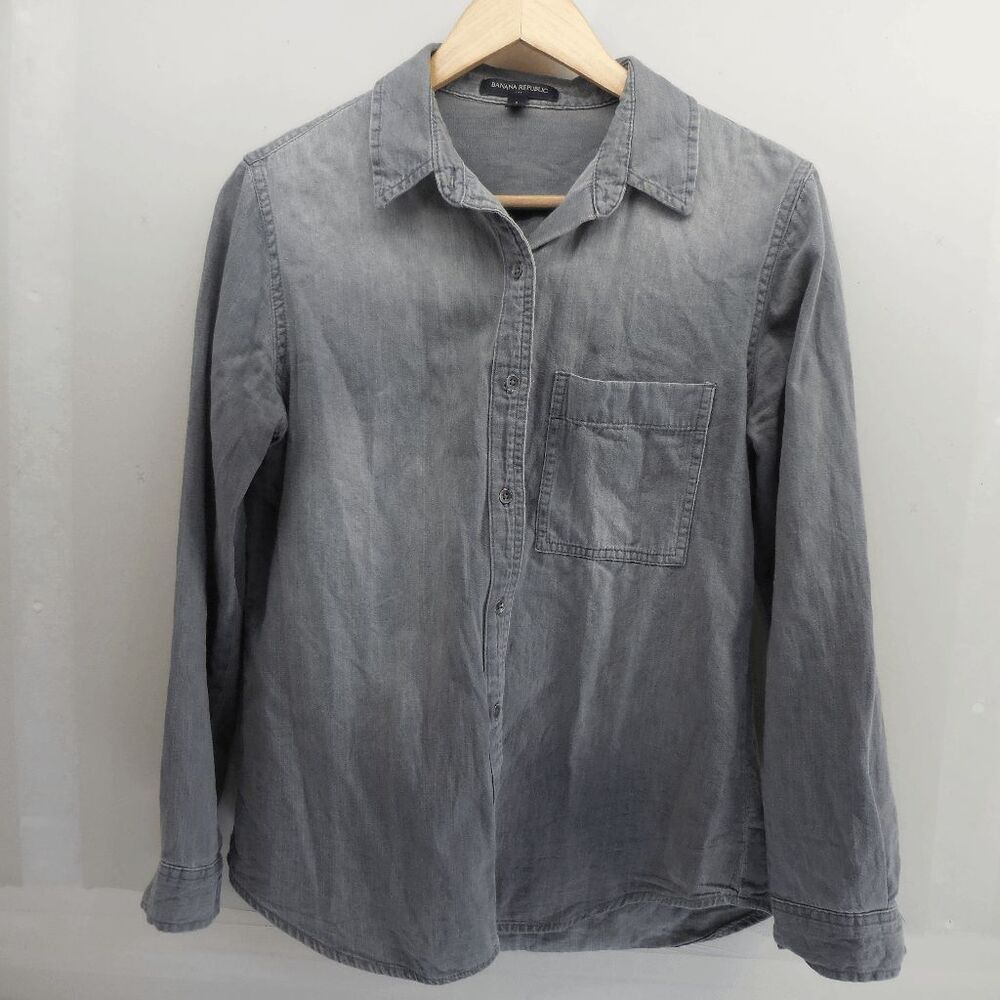 Banana Republic Shirt Men Small Gray Chambray Button Elbow Patch Heritage Prep